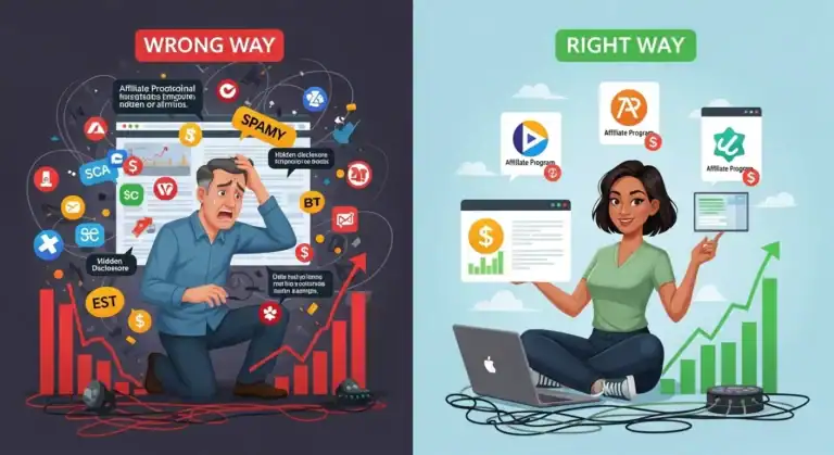 Affiliate marketing: Right way vs. wrong way. Shows successful vs. unsuccessful strategies.